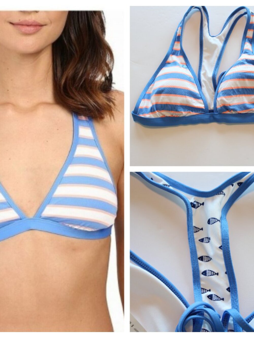 Splendid Racerback Swim Bikini Top Cayman Stripe White Blue Medium NWT